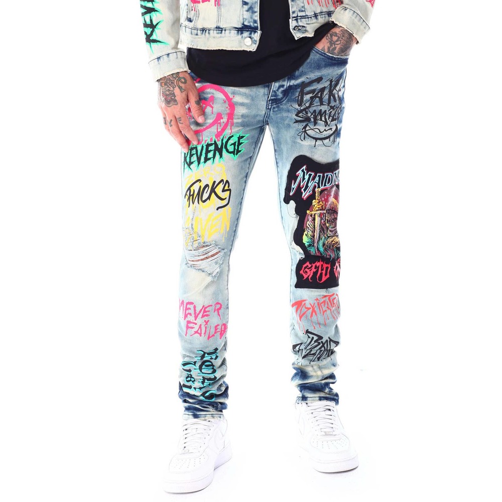 GFTD LA Los Angeles Men's Ozz Skinny Fit Painted Details Distressed Rip Jeans